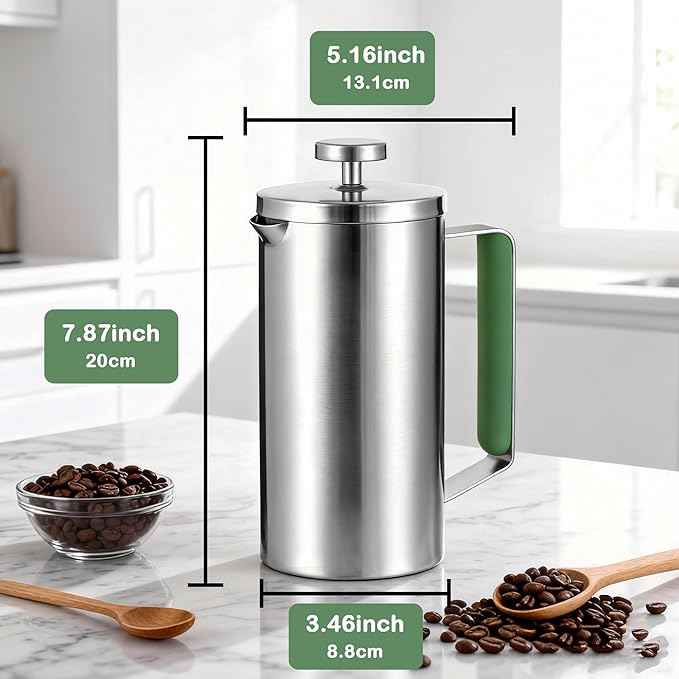 Stainless Steel French Press Coffee Maker 21OZ(0.6 Litre), Camping Coffee Press with Green Handle for Personal, Office, Travel(Sanding Silver, 1-3 Cups)