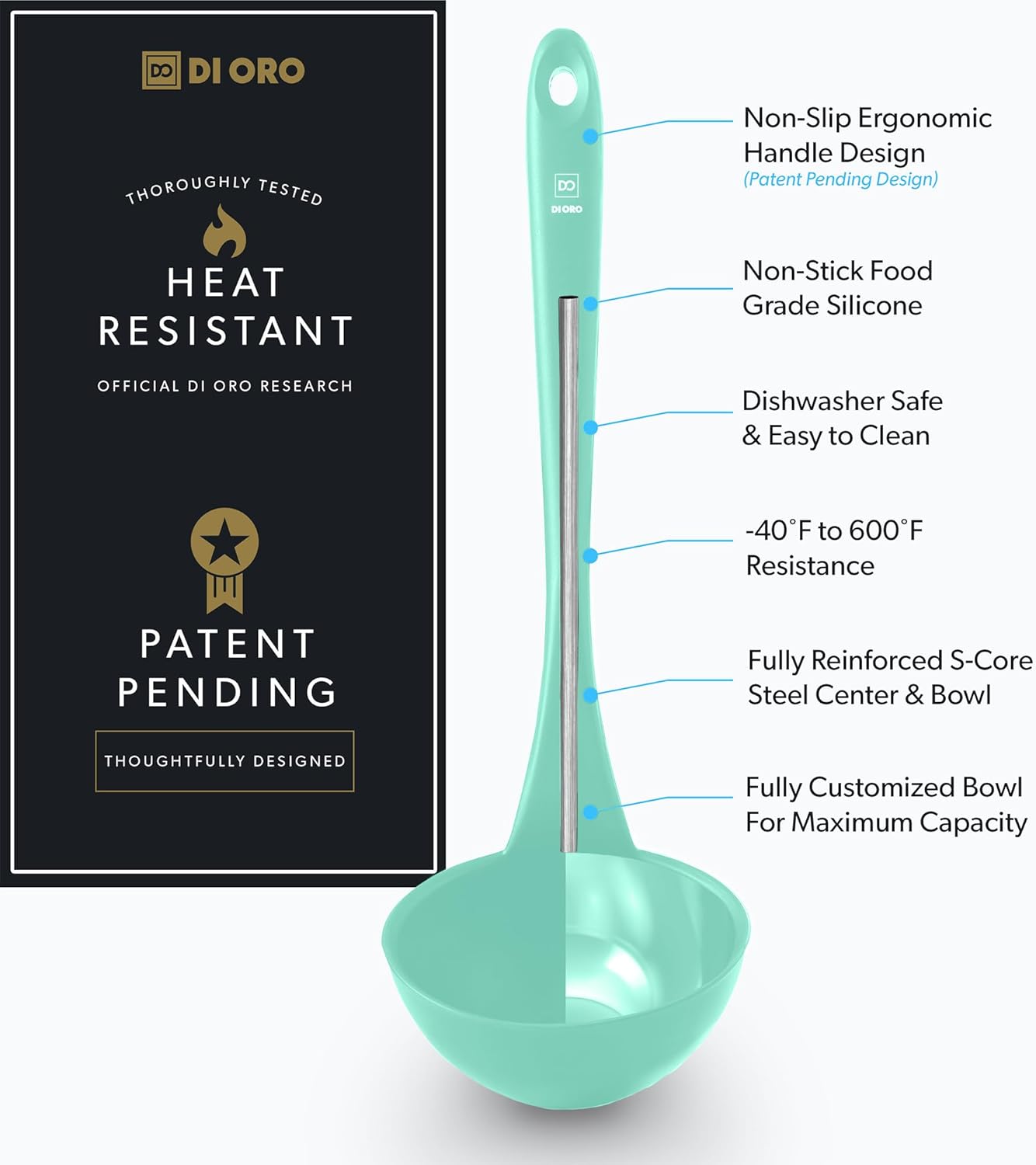 DI ORO Silicone Ladle – Soup Ladle for Cooking & Serving Heat-Resistant - Large Kitchen Soup Ladle Nonstick Cookware Safe - Soup Serving Spoon with Wide Bowl - Silicone Utensil Dishwasher Safe (Mint)