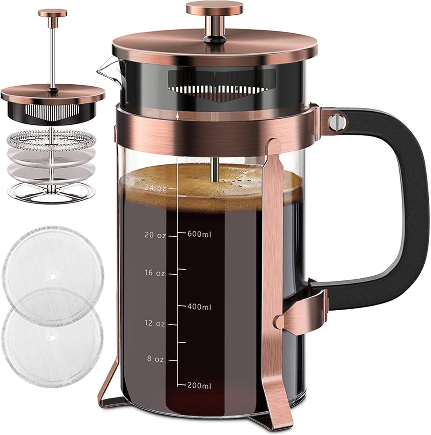 QUQIYSO French Press Coffee Maker 34oz 304 Stainless Steel with 4 Filter, Heat Resistant Durable, Easy to Clean, Borosilicate Glass Press, 100% BPA Free Teapot (Copper) - Blissbrew