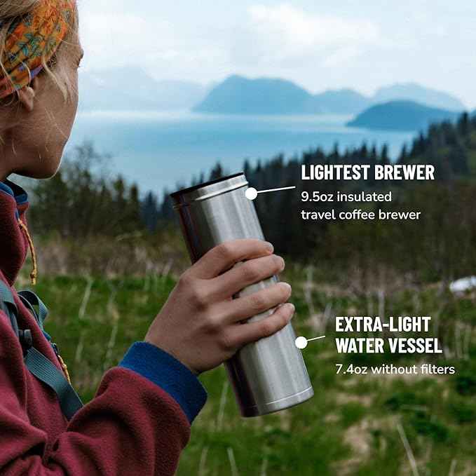 ESPRO P0 Ultralight French Press Coffee Maker for Travel, Vacuum Insulated Stainless Steel, 16 Ounces, Brushed Stainless Steel