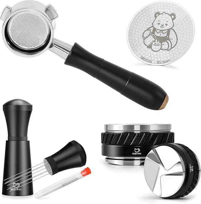 MEION 54mm Espresso Accessories Kit for Breville Espresso Machines, Includes Bottomless Portafilter, Double-sided Coffee Distributor & Tamper, Espresso Stirrer and Thin 0.8mm Puck Screen (Black, 54mm)