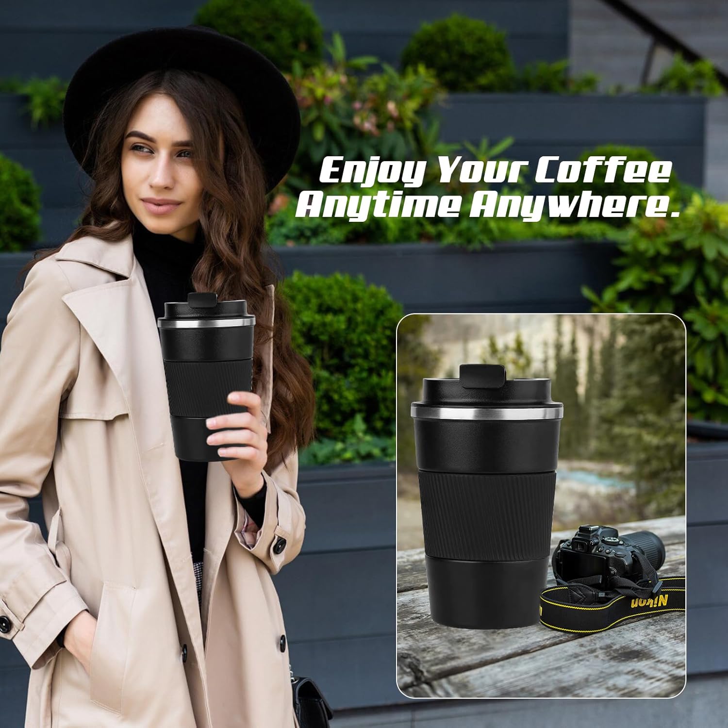Vacuum-Insulated Stainless Steel Travel Coffee Mug, Leak-Proof Reusable Coffee Cup with Lid - Keep Hot & Cold Drinks for Hours, Durable Thermos Tumbler for Men & Women (3rd-Black, 17OZ)