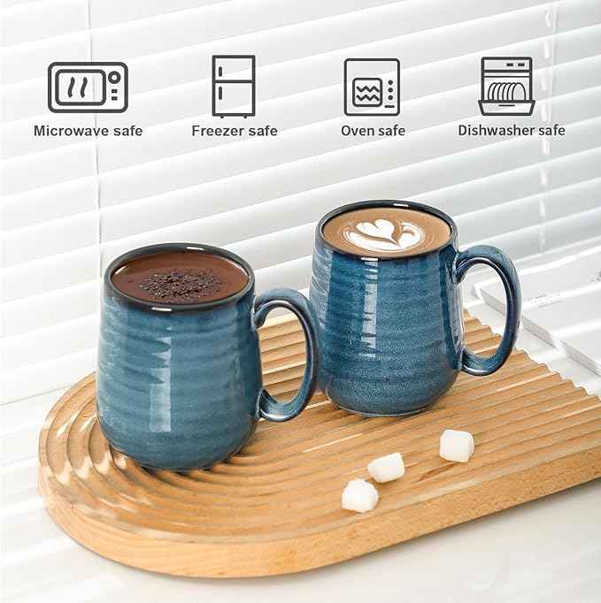Hasense Porcelain Coffee Mugs Set of 6, 15 Ounce Large Ceramic Coffee Cups Set with Handle for Latte, Tea, Cocoa and Hot Chocolate, Blue Coffee Mugs for Men and Women, Microwave Safe