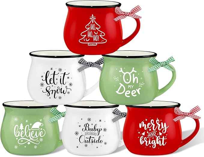 Christmas Coffee Mug Set of 6, 12 oz Hot Cocoa Ceramic Coffee Mug, Stackable Mugs as Christmas Gift for Mom Woman Family Friends Colleagues