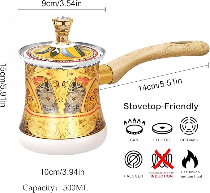 Turkish Arabic Coffee Pot with Wooden Handle,Stove Top Water Boiler, Coffee Maker, Butter, Chocolate & Milk Warmer,Even and Quick Heat with Handcrafted Metal Material (White and Gold)