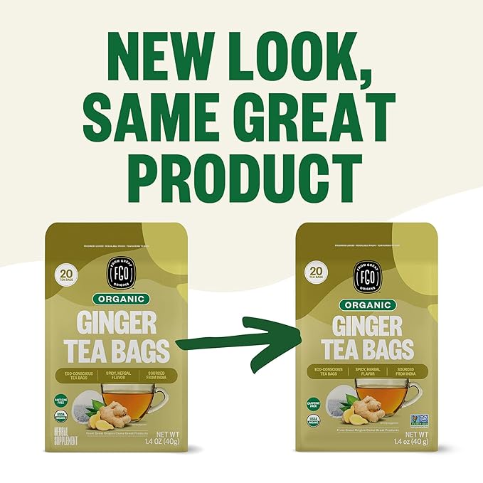FGO Organic Ginger Tea, 20 Count, Eco-Conscious Tea Bags, Caffeine Free, Packaging May Vary (Pack of 1)