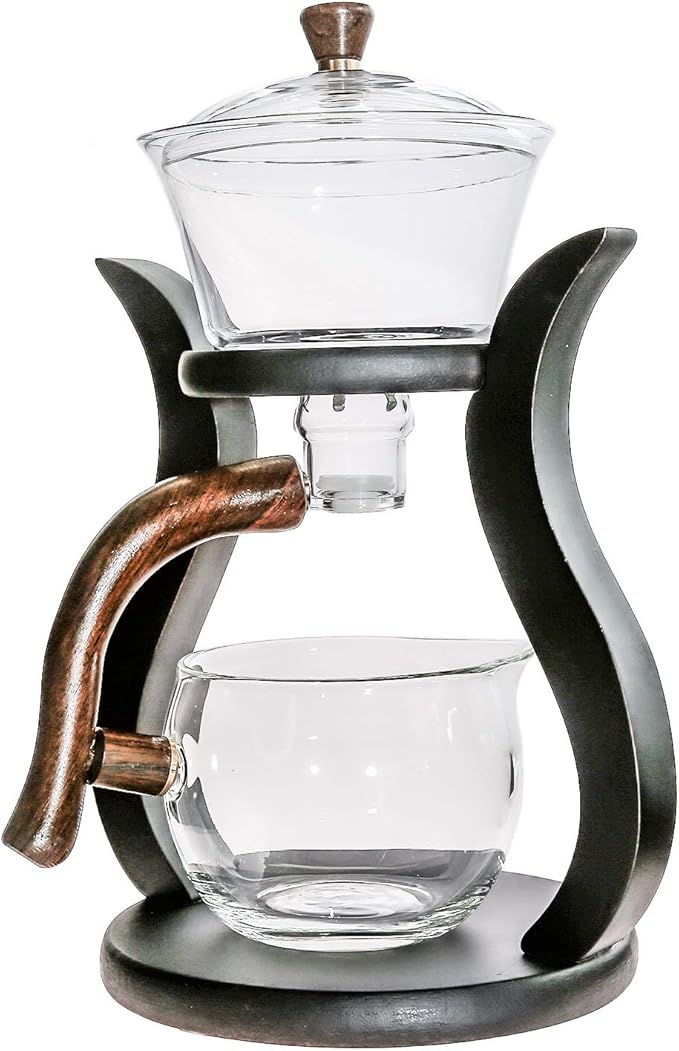 RORA Glass Teapot Set Semi Automatic Drip Rotating with Infuser Lazy Kungfu Tea pot Set (Bamboo)