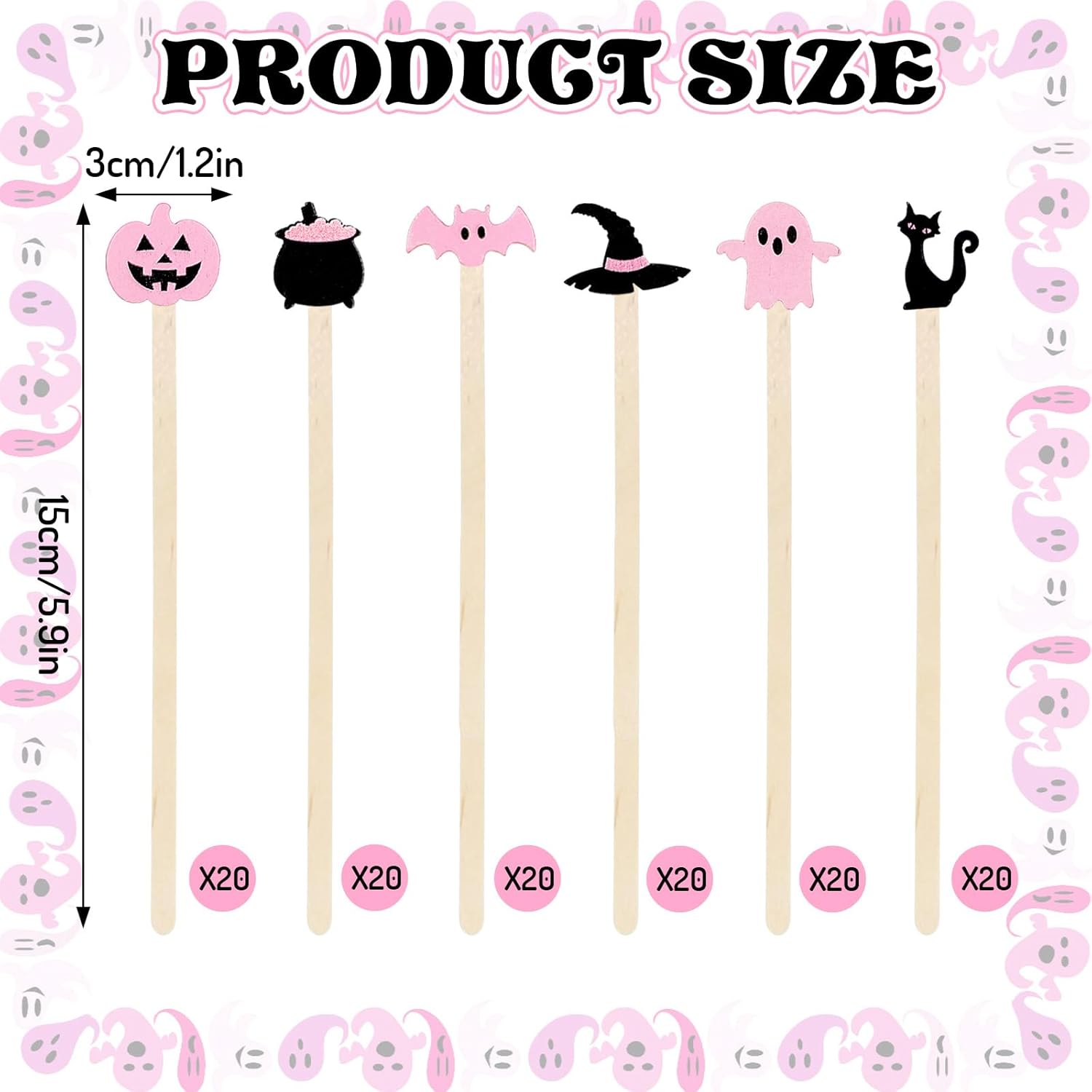 120Pcs Halloween Coffee Stirrers Disposable Pink Black Ghost Bat Cat Pumpkin Stir Sticks Wooden Drink Stirrer for Hot Chocolate Milkshake Restaurant Home Office