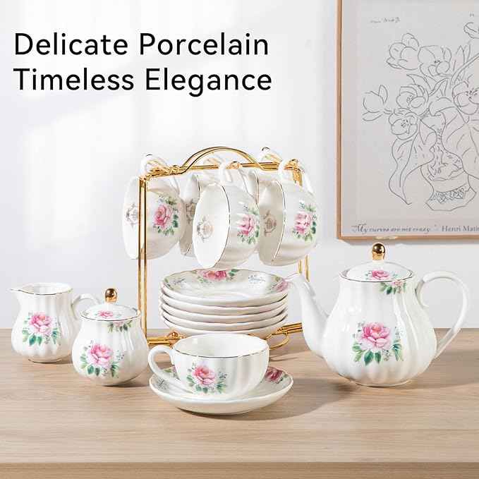 Sweejar Porcelain Tea Sets British Royal Series, 8 OZ Cups & Saucer Service for 6, with Teapot Sugar Bowl Cream Pitcher Teaspoons and Tea Strainer, Suitable for High Tea, Wedding, Party(Blush Pink)