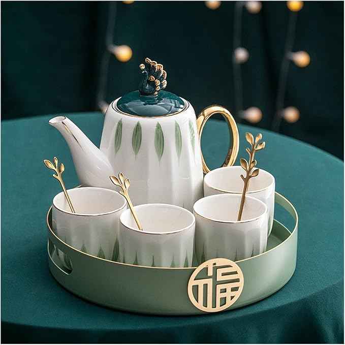 Iced Tea Pitchers Ceramic Luxury Tea Set Household Flower Tea Pot Water Kettle Cup Set Teaware 1 Teapot 4 Cups with Tray for Wedding Gift for Home Kitchen coffee cup