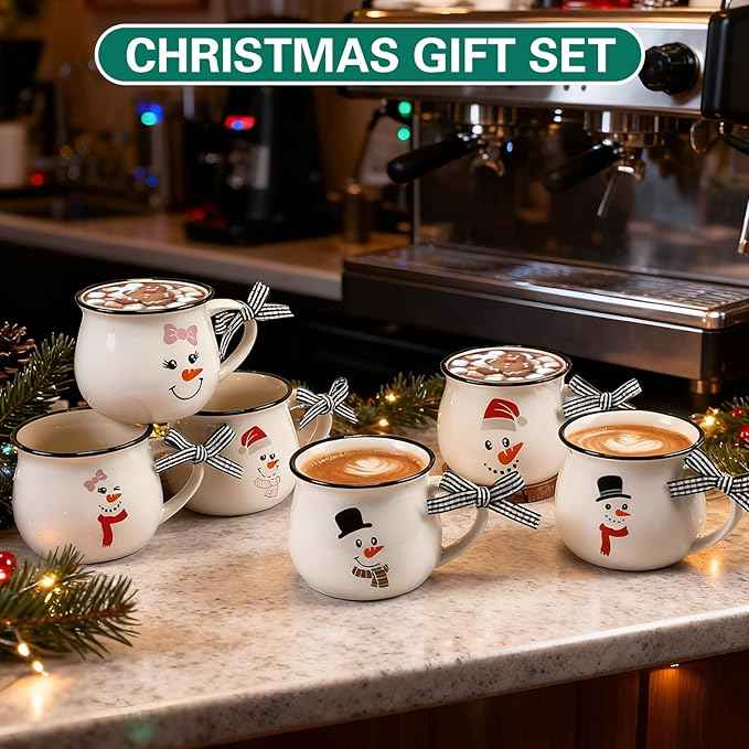 Jinei Set of 6 Christmas Coffee Mugs Gift, 12 oz Hot Cocoa Ceramic Cup for Holiday Milk Tea Mugs Coffee Bar Decoration Christmas Gift for Mom Woman Family Friend (Snowman)
