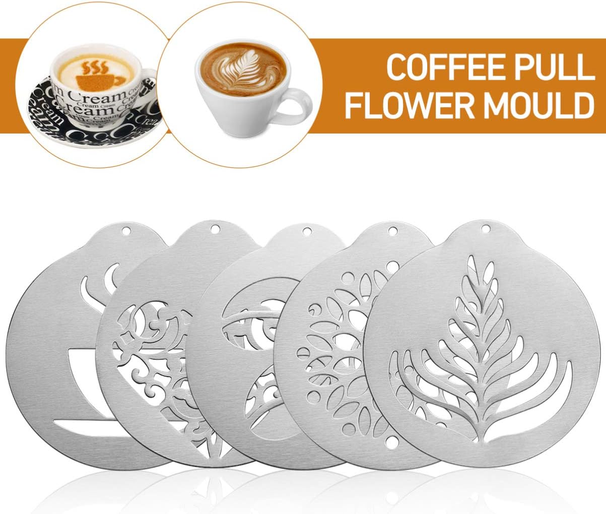 5Pcs Stainless Decorating Stencils, Metal Foam Latte Art Templates, Reusable Cappuccino Chocolate Templates Coffee Garland Mould Cake Decorating Tool