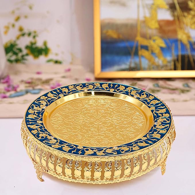 Turkish Coffee Cup and Tea Pot Set Including Teapot,Tea Tray,6 Metal Cups,Tea Service Set for Tea Table Decor,Hip Flask (Blue and Gold)