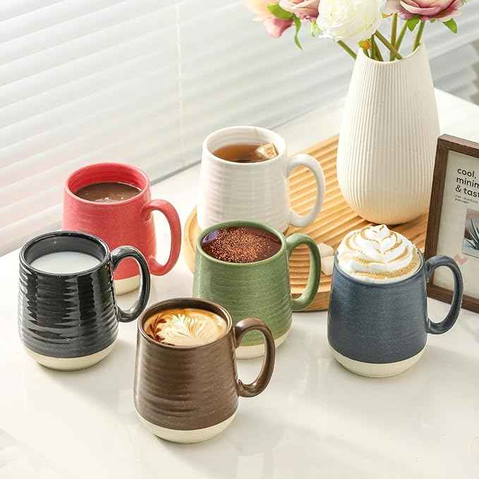 Hasense Porcelain Coffee Mugs Set of 6, 15 Ounce Large Ceramic Coffee Cups Set with Handle for Latte, Tea, Cocoa and Hot Chocolate, Colorful Coffee Mugs for Men and Women, Microwave Safe