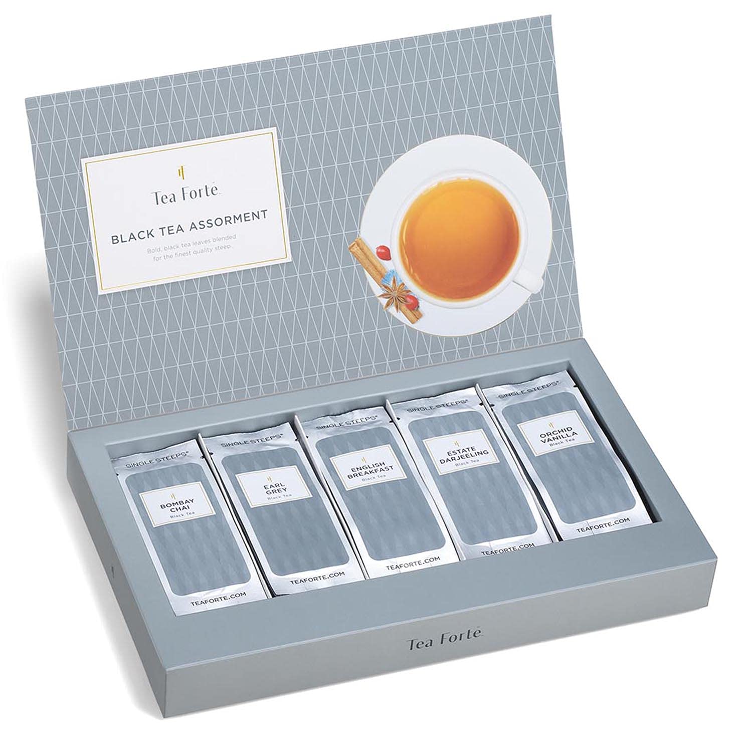 Tea Forte Black Tea Assortment Single Steeps Loose Leaf Premium Tea Gift Set Sampler, 15 Count 3 of Each Assorted Blends, Pre-Portioned Single Serve Pouches, Steeps 12 oz