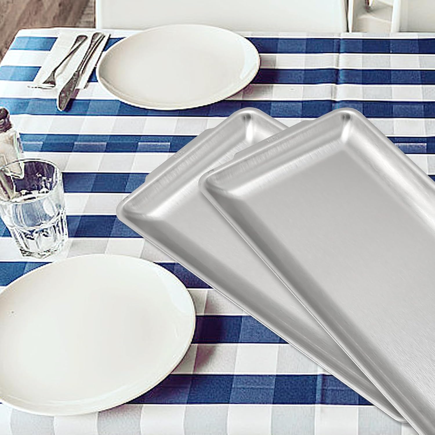 3Pcs 304 Stainless Steel Food Serving Tray, 12.6" Rectangular Serving Platters Multipurpose for Kitchen,Party Organizer Tray for Buffet Brushed Nickel (Silver)