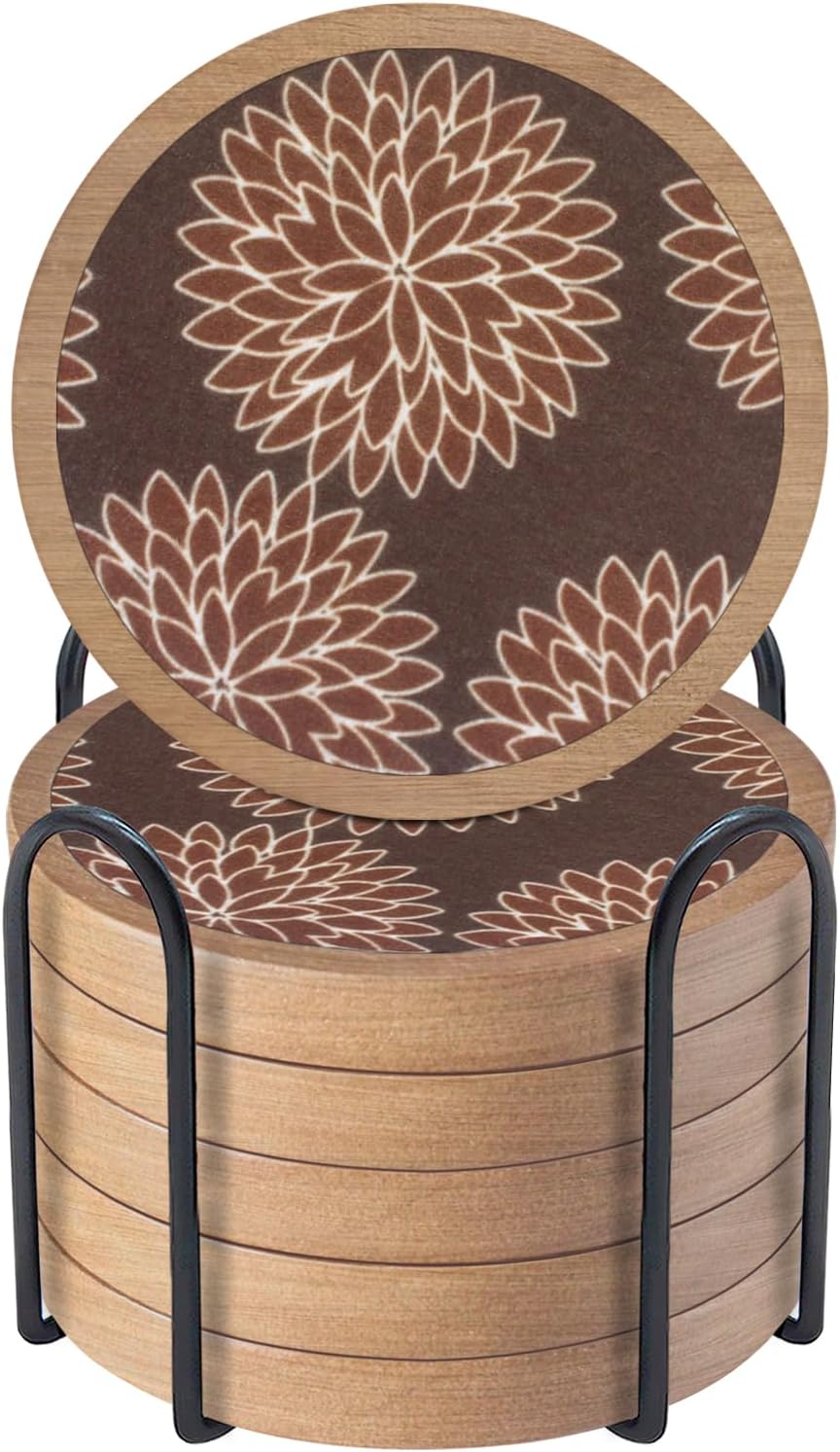 Wood Coasters Set of 6 with Holder, Cewiru Cup Mat for Drinks, Absorbent Coasters with Felt Insert for Coffee Table Protection, Modern Style Home Dining Table Decor, 4.3