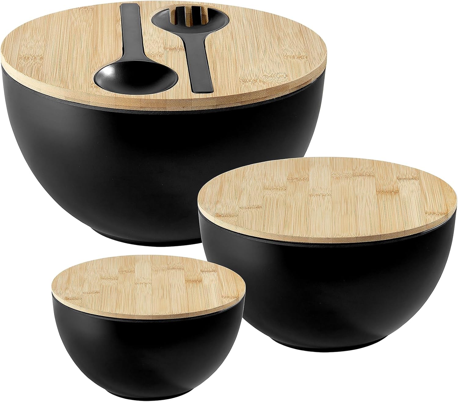 Large Salad Bowls with Bamboo Lids Set of 3, Mixing Nesting Bowls Round Serving Bowls with Servers for Salads, Kitchen Eating, Pastas, Popcorn, Chips, Trifle, Fruit, Food Prepare (Black,10