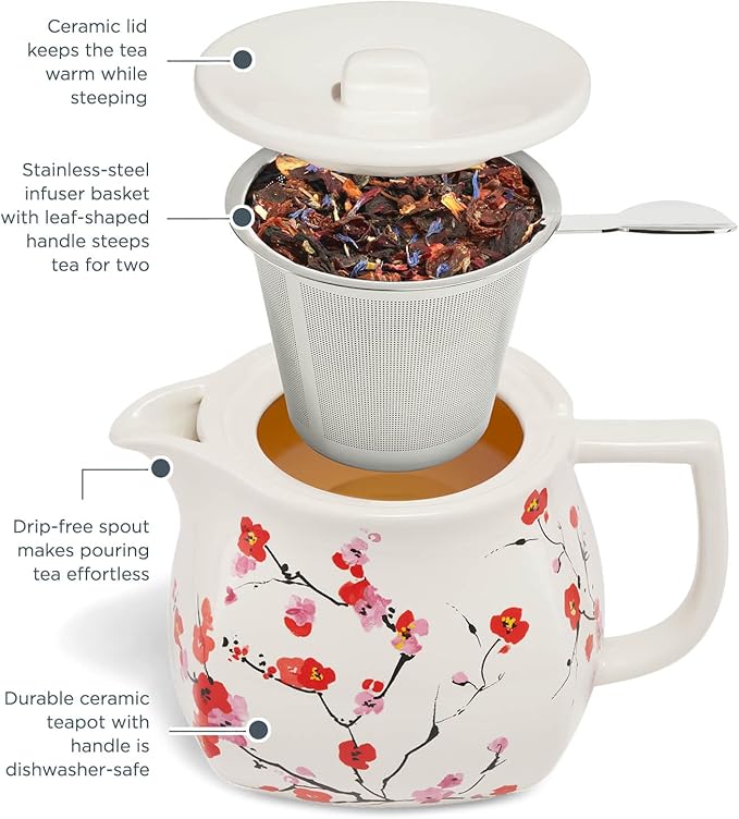 Tea Forte Ceramic Teapot with Removable Stainless Steel Infuser Basket and Lid, Steeps 24 oz. Loose Leaf Tea, Dishwasher & Microwave Safe, Gifts for Mom, Sakura Cherry Blossom