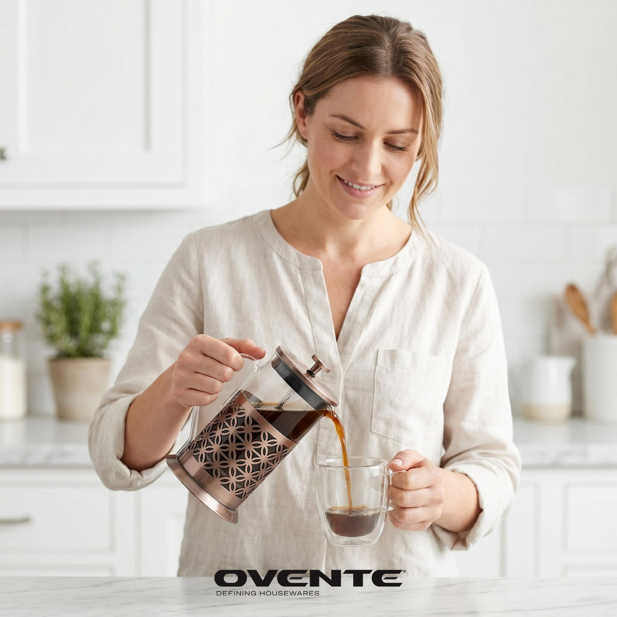 Copper French press with sturdy metal handle