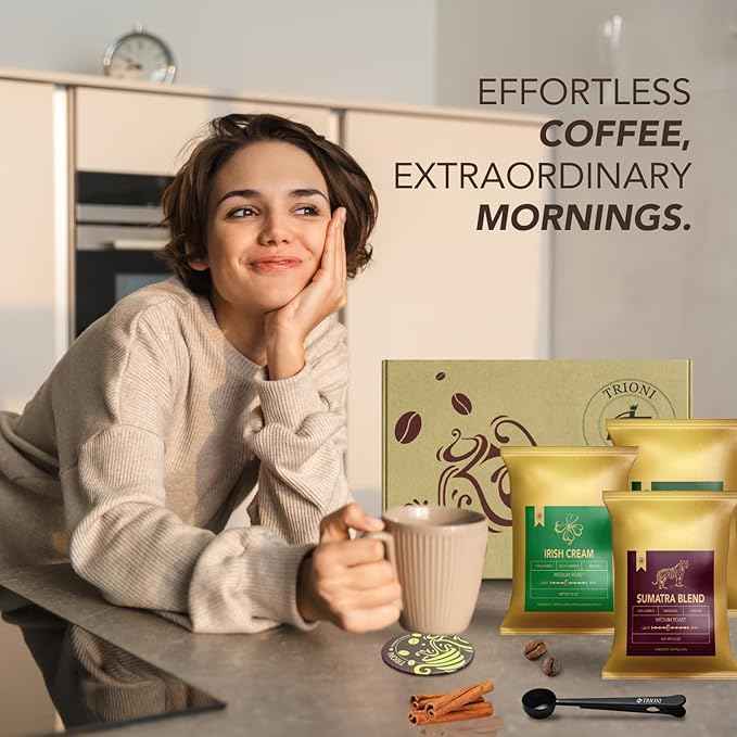 Gourmet Coffee Sampler Gift Set (4x2.5oz) TRIONI Medium Roast Ground Coffee Variety Pack, Individual Coffee Packets - 4 Unique Flavored Coffee - Including a Cinnamon Sticks, Coaster, Bag Clip & Spoon