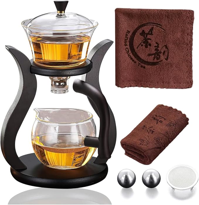 Lazy Kungfu Drip TeaPot, Heat Resistant Tea Set, Semi-Automatic Glass Teapot Suit for Magnetic Water Flow Wooden Glass Teapot Set
