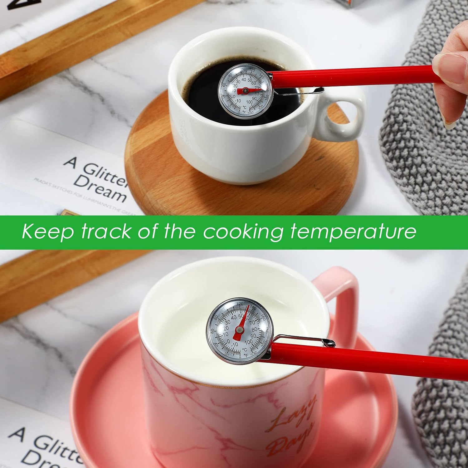 Xuhal 24 Pcs Stainless Steel Kitchen Thermometer with 5 Inch Long Stem 1 Inch Dial Thermometer Milk Frothing Food for Oven Probe Meat Grill BBQ Cooking Chocolate Water (Red)