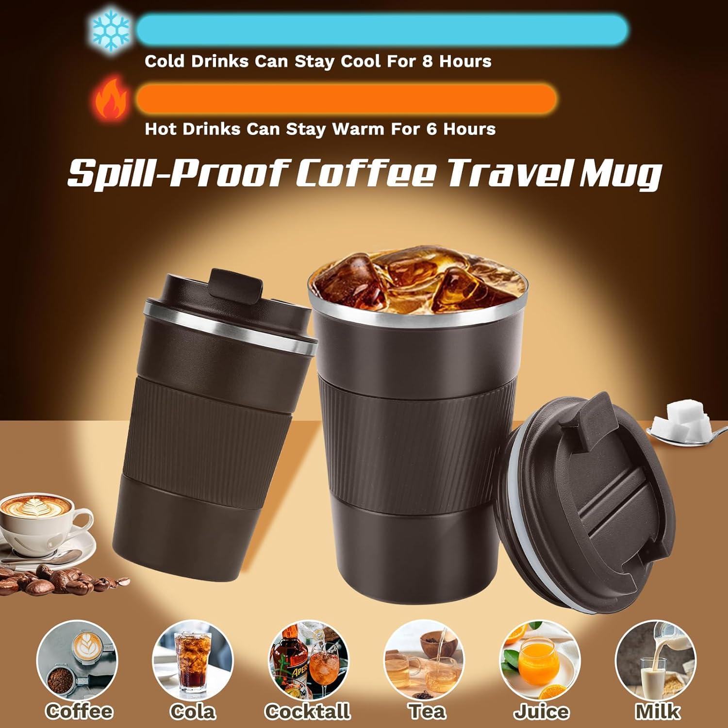 Vacuum-Insulated Stainless Steel Travel Coffee Mug, Leak-Proof Reusable Coffee Cup with Lid - Keep Hot & Cold Drinks for Hours, Durable Thermos Tumbler for Men & Women (3rd-Dark Coffee, 12OZ)