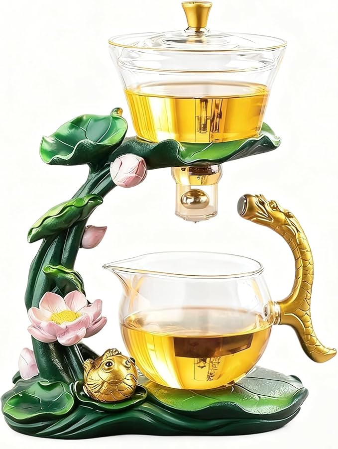 Lazy Kungfu Glass Tea Set Heat Resistant Semi Automatic Drip Rotating with Infuser Magnetic Teapot Set for Gongfu Tea Making Ideal (Lotus Fish)