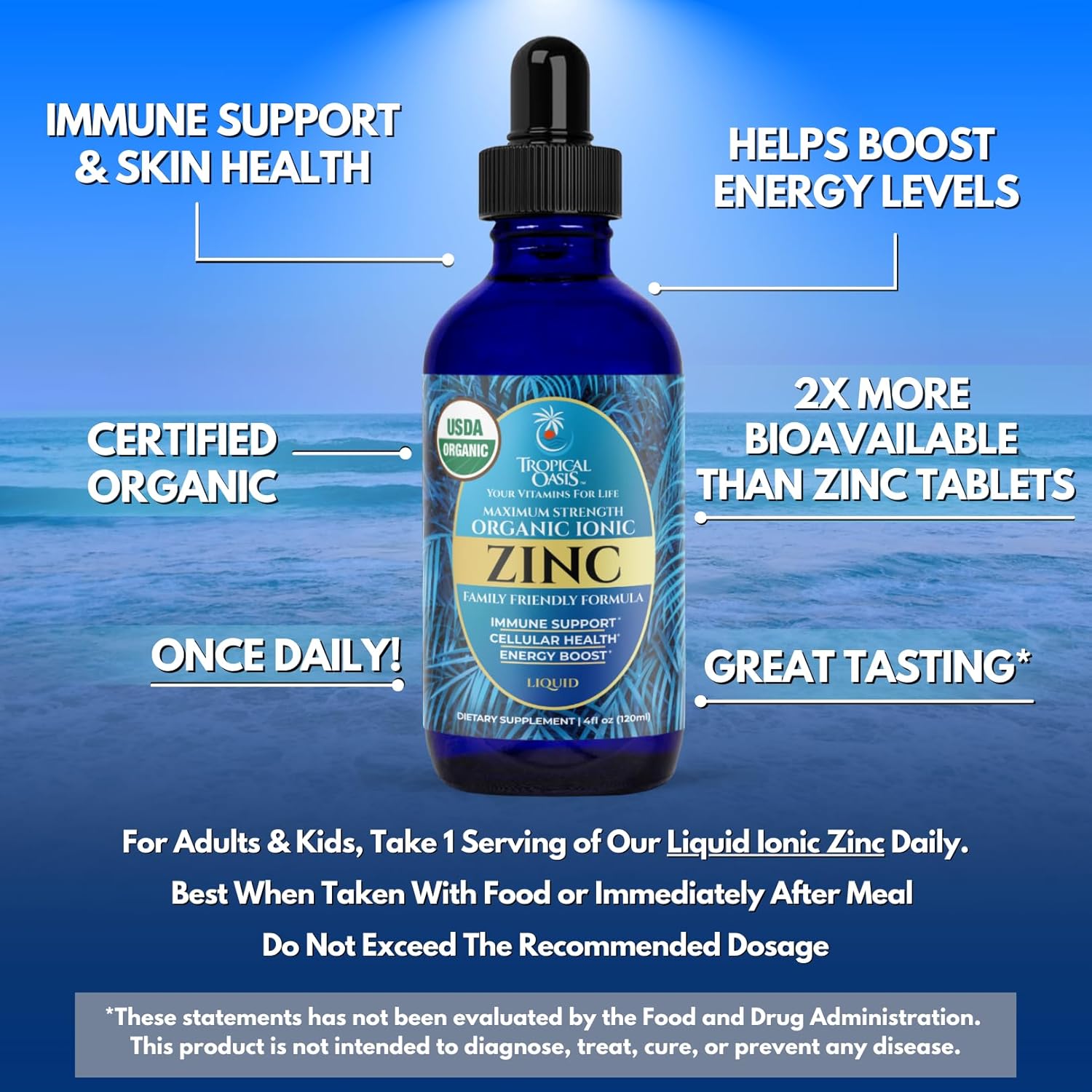 USDA Organic Ionic Zinc Droppers for Men, Women & Kids | Liquid Zinc Supplement Trace Mineral Formula | Immune Function | Skin Health | 98% Absorption | Sugar-Free, Vegan, Non-GMO | 4 Fl Oz