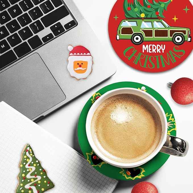 Christmas Vacation Drink Coasters with Holder Set of 6, Xmas Classic Movie Absorbent Ceramic Cup Mat for Coffee Table Protection, 4 Inch Funny Holiday Home Kitchen Decor Housewarming Gifts