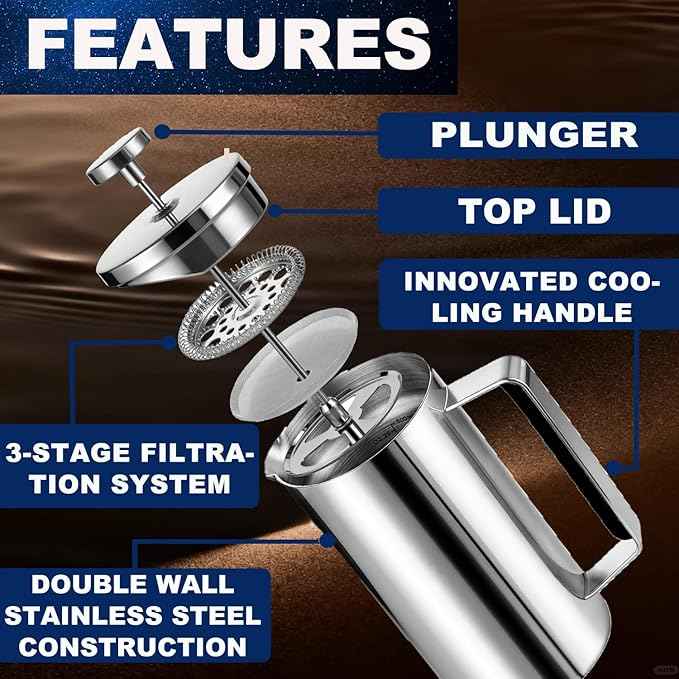 Samll French Press Coffee Maker 21OZ, Stainless Steel 600ml Coffee Press with Black Handle for Personal, Office, Travel,Camping (Sanding Silver, 1-3 Cups)