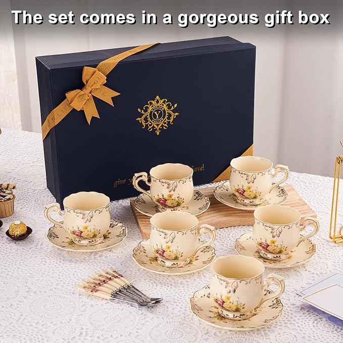 YOLIFE Tea Cups and Saucers Set of 6, Ivory Porcelain Tea Cups Set with Stand, Floral with Gold Leaves Trim Design, Gift for Women (Includes Gift Box, Tote Bag, Greeting Card)