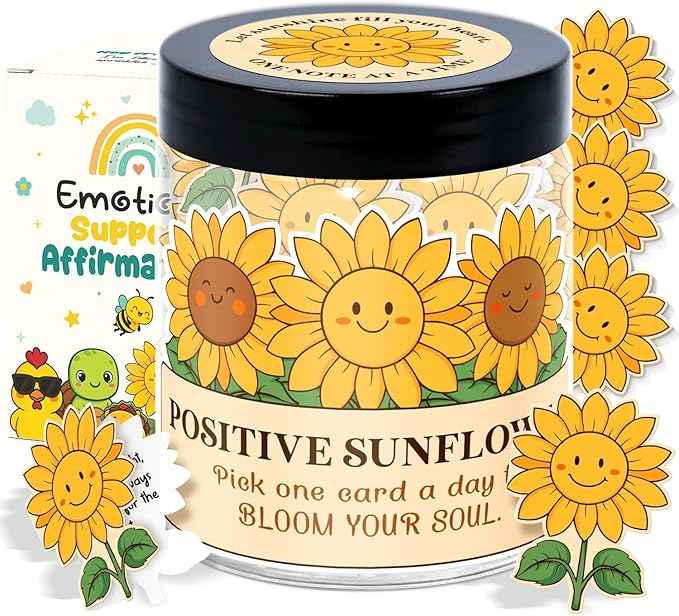 Positive Sunflower Jar with 60 Daily Affirmation Cards, Emotional Support Sunflower Gift, Sunflower Decor, Sunflower Gifts for Women, Birthday or Get Well Gifts