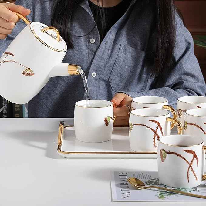 Porcelain Tea Set for Adults, Ceramic Afternoon Tea Set with Teapot, 6 Cups & Tea Tray, Luxury Gift Tea Service for Parties & Home Use