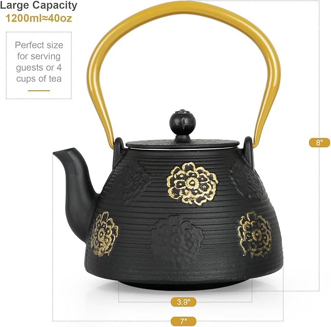 Ufine Cast Iron Teapot with Infuser for Loose Leaf Tea Japanese Style Tea Kettle for Stove Top, Enameled Interior Sakura Design (Black,40oz/1200ml)