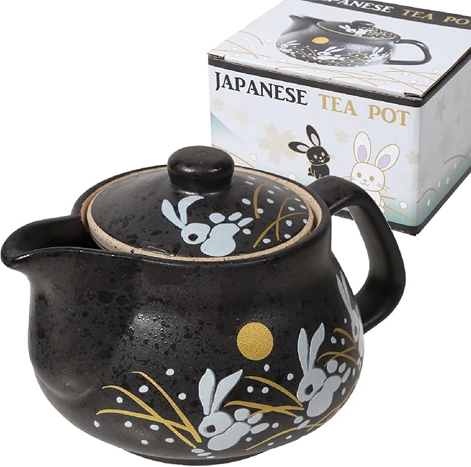 10oz bunny kyusu Rabbit Kutani Yaki(ware) Japanese Teapot with Removable Infuser, Handle Mug Stovetop Safe Tea Kettle, Blooming and Loose Leaf Tea Maker Set(Ceramic, Rabbit Black)