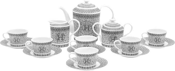Porcelain Tea Set 17 Piece - Service for 6 - Gorgeous Design with Hand Painted Silver Detailing - Tea Sets For Adults - Includes Teapot, Cups, Saucers, Sugar Bowl, Creamer (17 Piece Set)