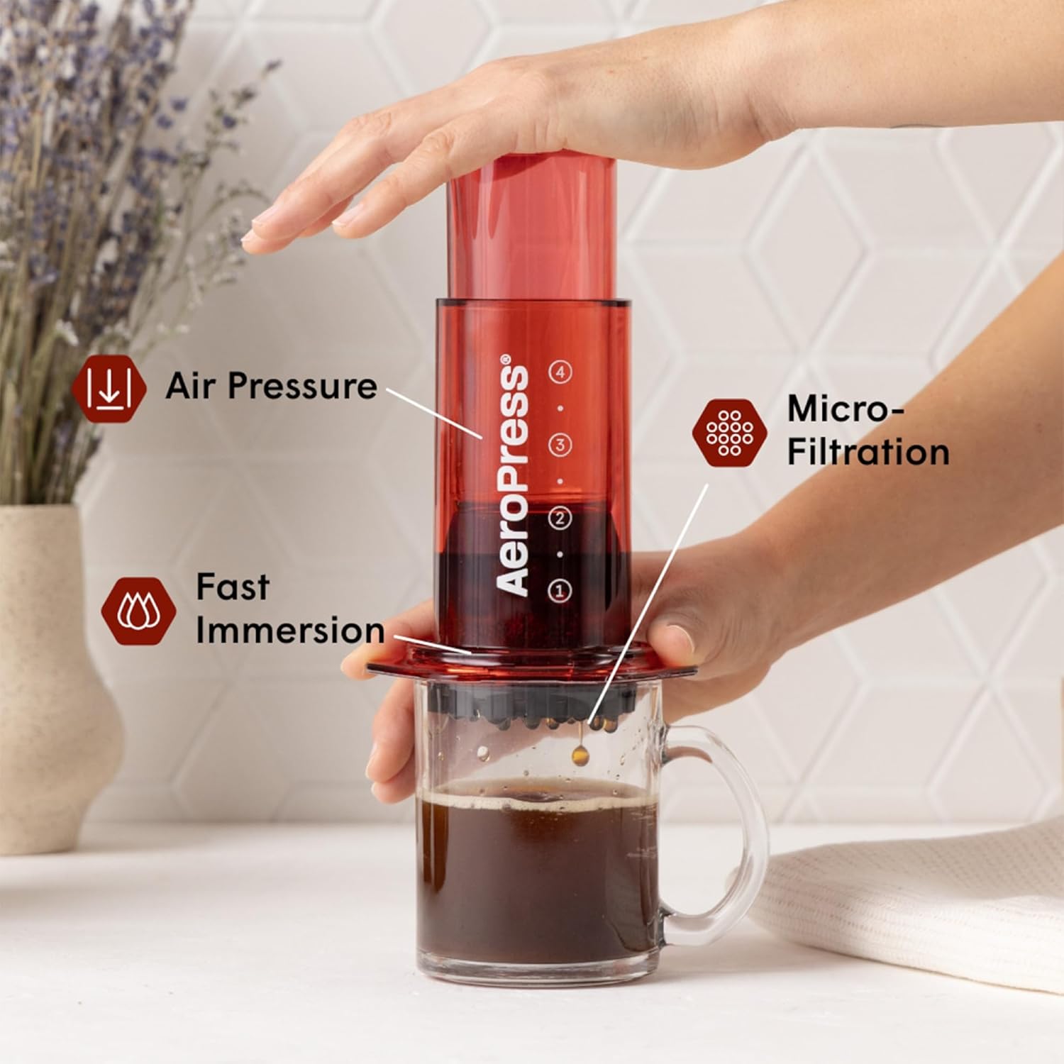 AeroPress Clear Red Coffee Press – 3 In 1 Brew Method Combines French Press, Pourover, Espresso, Full Bodied Coffee Without Grit or Bitterness, Small Portable Coffee Maker for Camping & Travel, Red - Blissbrew