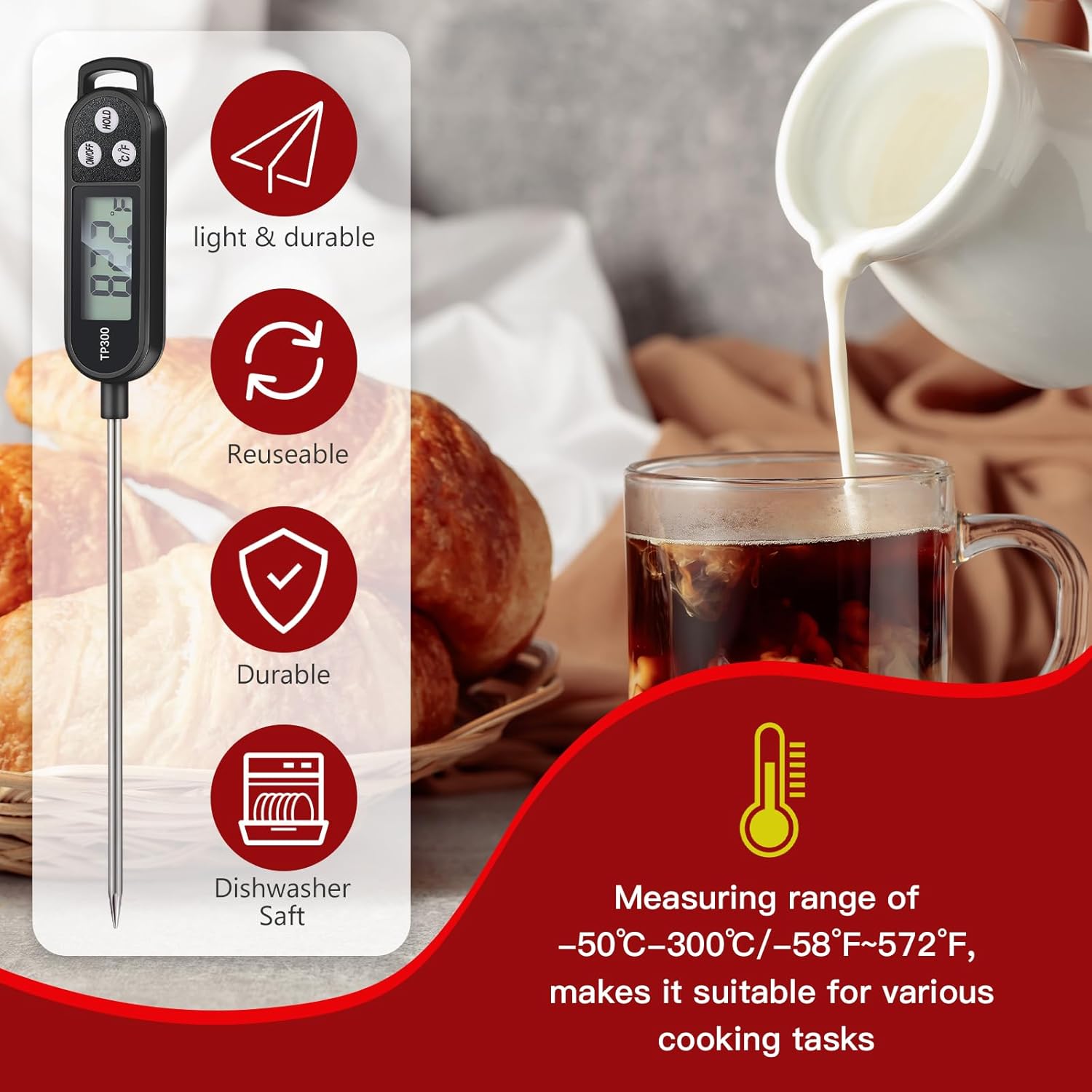 Waterproof Food Thermometer with Long Probe Digital Meat Thermometer for Water, Liquid, Candle and Cooking Instant Read for Kitchen BBQ Grill Candy(Black,White,Red)