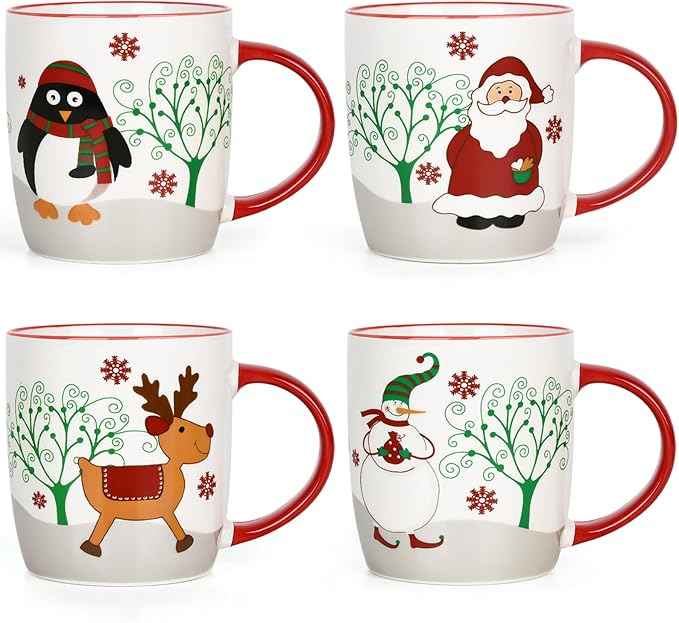 YHRJWN Christmas Mugs Set of 4, Merry Christmas Coffee Mugs with Reindeer, Santa, Snowman, Penguin Designs, Holiday Gifts for Family & Friends, 11 Oz