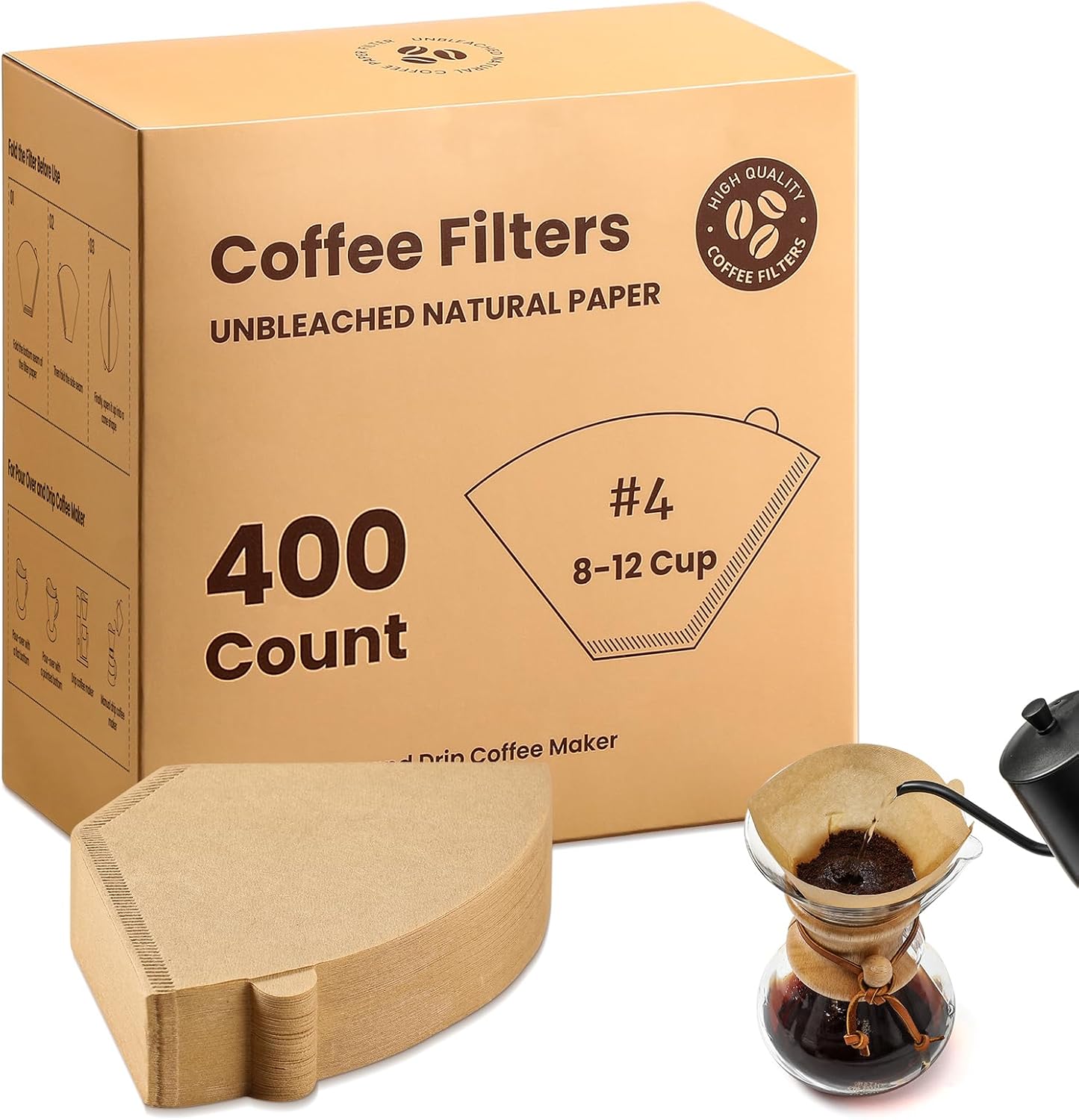 #4 Cone Coffee Filters 8-12 Cup, 400 Count Unbleached Natural Coffee Paper Filters, No Blowout, Disposable Coffee Filter for Pour Over and Drip Coffee Maker - Blissbrew