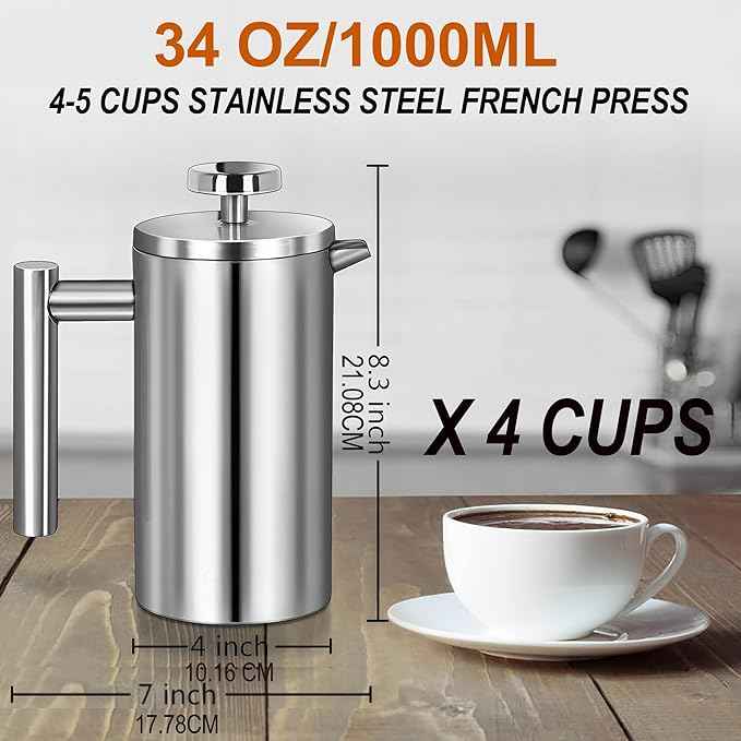 French Press Coffee Maker 34oz, Stainless Steel Double Wall Insulated, 3 Extra Filters & Coffee Spoon for Hot/Cold Brew, Durable Coffee Press for Home, Camping, Office - Silver