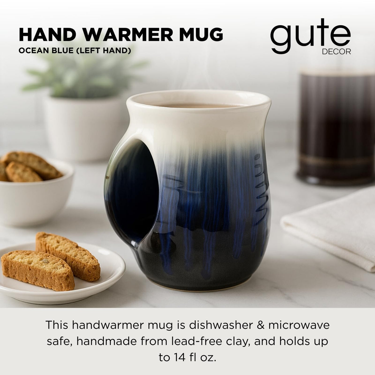 Hand painted ocean blue ceramic mug, 14 fl oz
