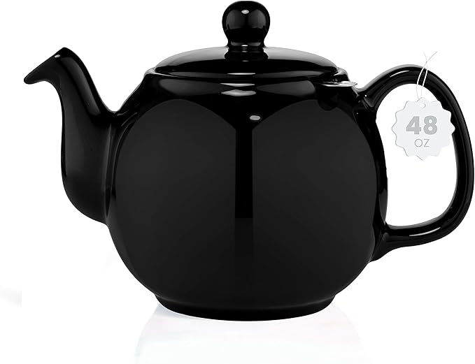 SAKI Large Porcelain Teapot, 48 Ounce Tea Pot with Infuser, Loose Leaf and Blooming Tea Pot - Black