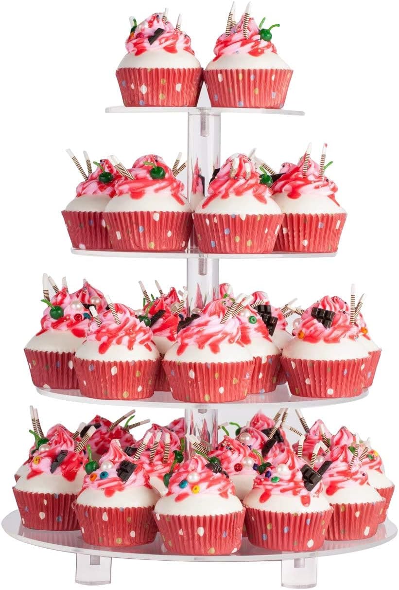 YestBuy 4 Tier Round Acrylic Cupcake Stand with Base, Premium Cupcake Holder, Acrylic Cupcake Tower Display Cady Bar Party Décor – Display for Pastry (4
