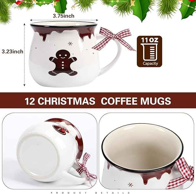 Jinei Set of 6 Christmas Coffee Mugs Gift, 12 oz Hot Cocoa Ceramic Cup for Holiday Milk Tea Mugs Coffee Bar Decoration Christmas Gift for Mom Woman Family Friend(Ginger,Gingerbread)