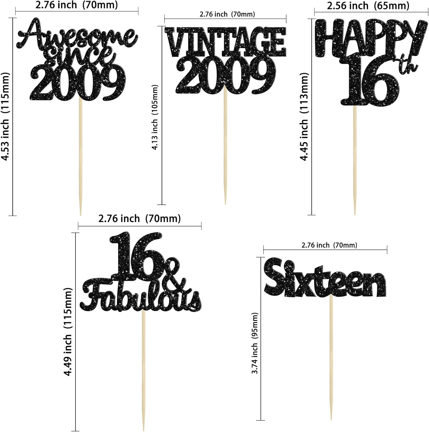 Gyufise 30Pcs Vintage 2009 Cupcake Toppers Glitter Sweet 16 Happy 16th Birthday Cake Decorations for Happy 16th Birthday Fabulous Anniversary Party Supplies Black
