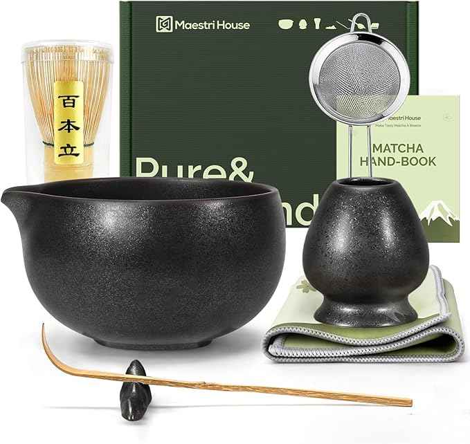 Maestri House Matcha Whisk Set, 7-Pc Complete Matcha Kit with Spouted Ceramic Bowl, Bamboo Whisk and Holder, Scoop, Spoon Rest & Sifter, Tea Cloth – Ideal Gift for Matcha Lovers (Black Stone)