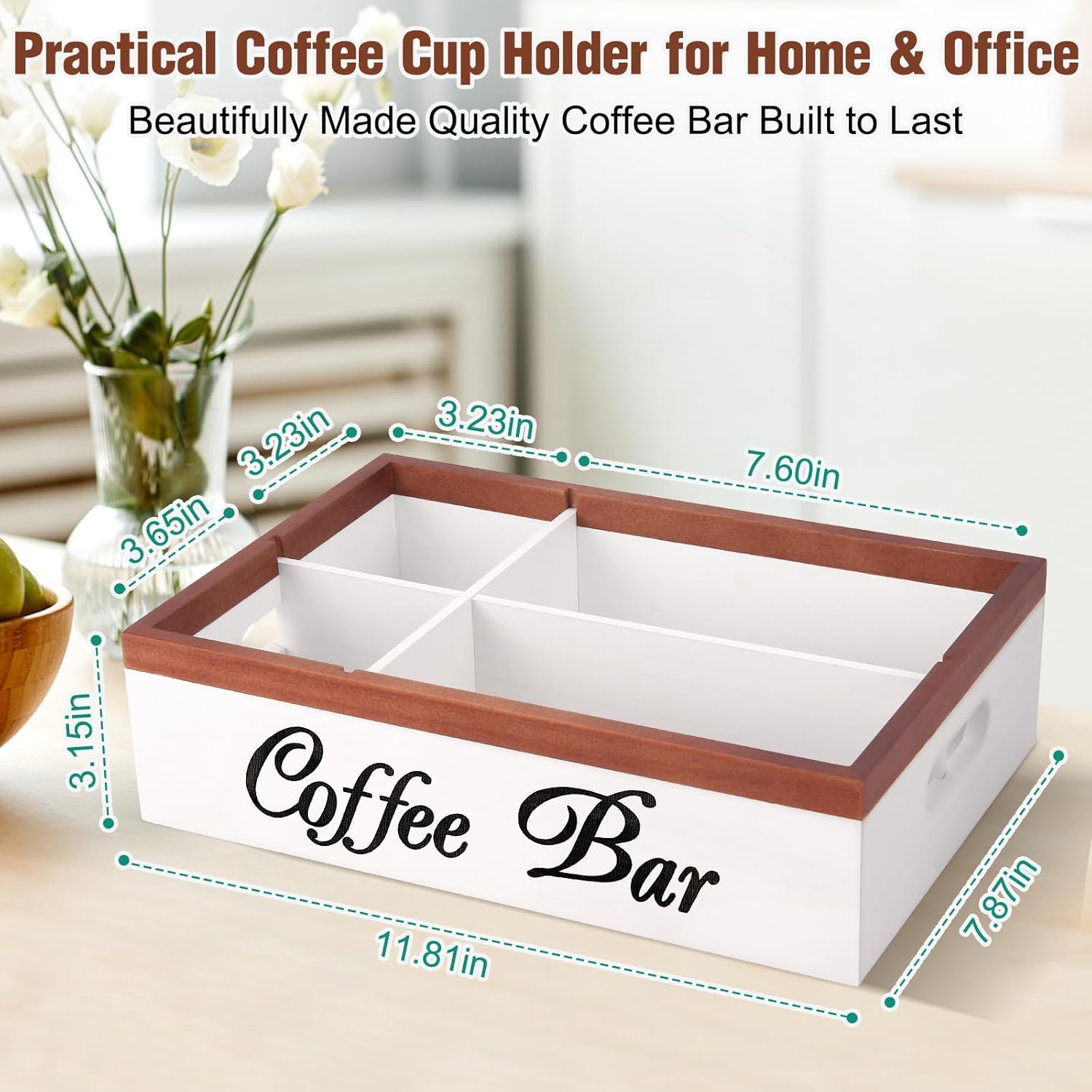 Wooden Coffee Organizer Holder with Divided Sections & Cutout Handle, Farmhouse Coffee Bar Organizer for Pods, Cups, Lids, Syrups, Stirrers & Accessories – Ideal Gift for Home or Office-White